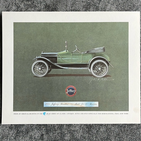 1914 Jeffery Rambler J4 Roadster Classic Automobile Auto Print Behr-Manning Co. - Picture 1 of 5